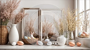 Home interior with easter decor. Mockup with a white frame and willow branches in a glass vase on a light background