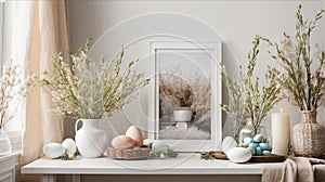 Home interior with easter decor. Mockup with a white frame and willow branches in a glass vase on a light background