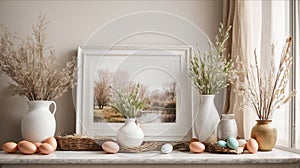 Home interior with easter decor. Mockup with a white frame and willow branches in a glass vase on a light background
