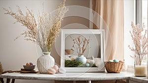 Home interior with easter decor. Mockup with a white frame and willow branches in a glass vase on a light background