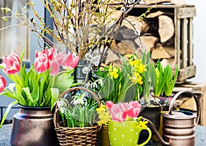 Home interior easter decoration with spring flowers