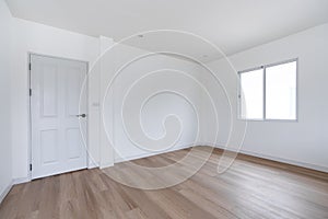 Home interior, empty room. White wall and ceiling with wood floor