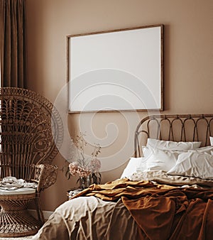 Home interior with ethnic boho decoration, bedroom in brown warm color