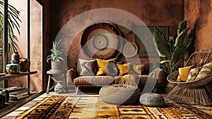 Home interior with ethnic boho decoration, living room in brown warm color. AI Generative