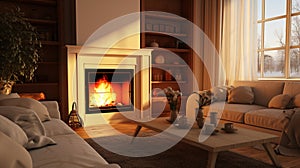 Home interior with fireplace and sofas. Modern dark home interior, loft interior. generative ai