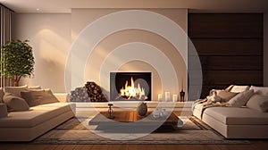 Home interior with fireplace and sofas. Modern dark home interior, loft interior. generative ai