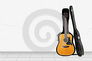 Home interior -  Front view acoustic guitar open hard case of white wall