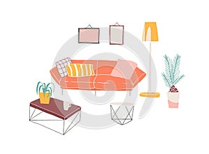 Home interior, furniture pieces hand drawn vector illustration. Trendy living room furniture. Cosy bright sofa with