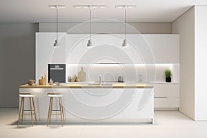 home interior house white apartment modern design contemporary nobody empty kitchen. Generative AI.