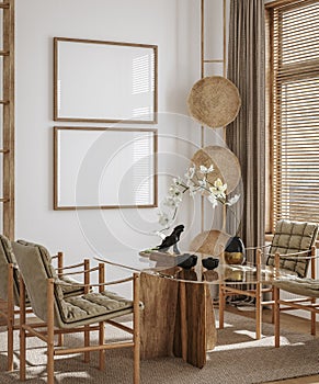 Home interior in japanese style, frame mockup in dining room background