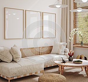 Home interior in japanese style, frame mockup in living room background