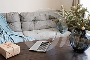 Home interior with laptop in living room with alternative Christmas tree in vase. Online shopping. Xmas