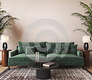 Home interior with light beige sofa, table and decor in boho scandi living room. Wall mock up. 3d render. High quality