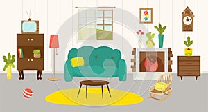 Home interior, living room furniture, vector illustration. House sofa, lamp decoration, fireplace design in apartment