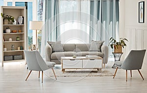 Home interior, luxury living room and modern house with sofa, chairs and plants in the room. Clean, minimal and elegant