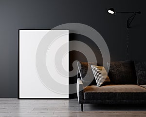 Home interior, luxury modern dark living room interior, black empty wall mock up, 3d rendering