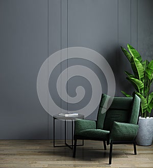 Home interior, luxury modern dark living room interior, black empty wall mock up with green armchair, 3d rendering