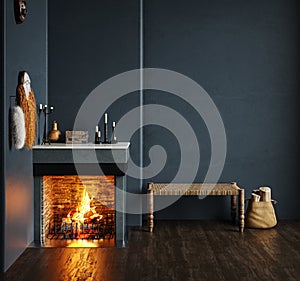 Home interior, luxury modern dark living room interior, black empty wall mock up