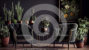 Home interior, luxury modern dark living room interior, black empty wall mock up with two armchair, green plants