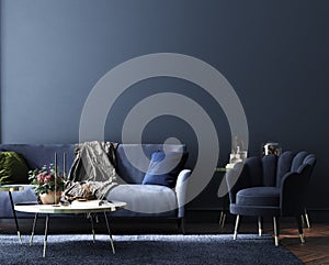 Home interior, luxury modern dark living room interior, blue empty wall mock up