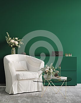 Home interior, luxury modern dark living room interior, green empty wall mock up