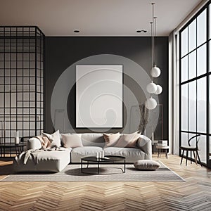 Home interior, luxury modern dark living room interior, poster frame mock-up, 3D render. Generative AI.