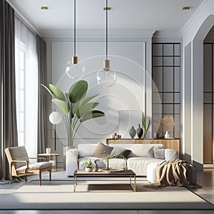 Home interior, luxury modern dark living room interior, poster frame mock-up, 3D render. Generative AI.