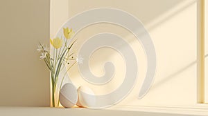 Home interior with minimal easter decor.Flowers, easter eggs on a light background with shadows