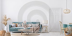 Home interior mock-up with blue sofa, wooden table and decor in white living room
