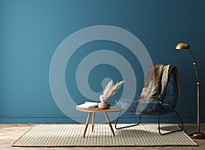 Home interior mock-up with dark green armchair, table and decor in living room