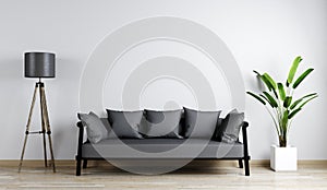 Home interior mock-up with gray sofa, flower and gloor lamp in living room, 3d rendering