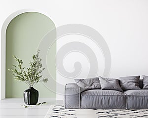 Home interior mock-up with gray sofa and green vase in bright living room, copy space