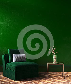 Home interior mock-up with green sofa, table and decor in living room