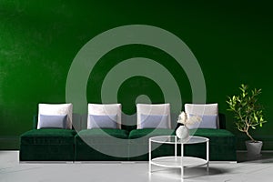 Home interior mock-up with green sofa, table and decor in living room