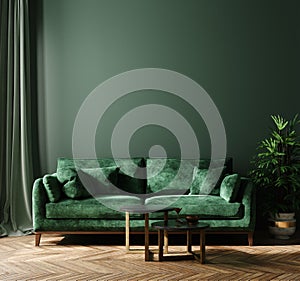 Home interior mock-up with green sofa, table and decor in living room