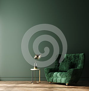 Home interior mock-up with green sofa, table and decor in living room