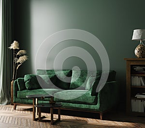 Home interior mock-up with green sofa, table and decor in living room