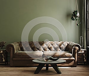 Home interior mock-up with green sofa, table and decor in living room