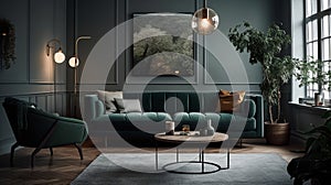 Home interior mock up with green sofa, table and decor in living room