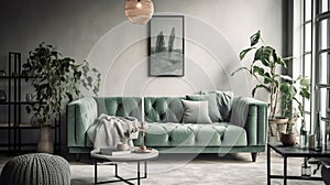 Home interior mock up with green sofa, table and decor in living room