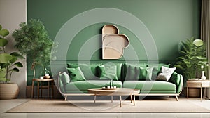 Home interior mock-up with green sofa, table and decor in living room