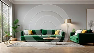 Home interior mock-up with green sofa, table, and decor in living room