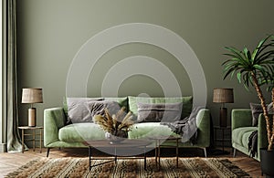 Home interior mock-up with green sofa, table and decor in living room