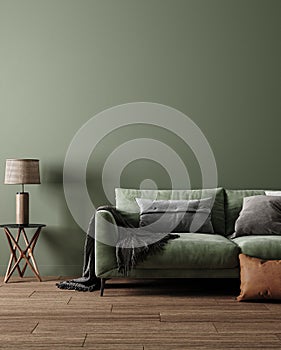 Home interior mock-up with green sofa, table and decor in living room