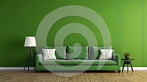 Home interior mock-up with green sofa, table and decor in living room. Generative Ai