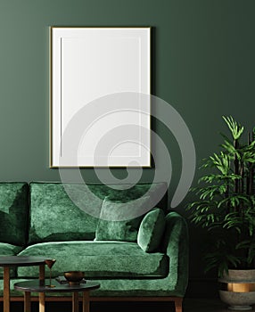 Home interior mock-up with green sofa, table and decor in living room