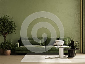 Home interior mock-up with green sofa, table, plant and decor in living room, 3d rendering