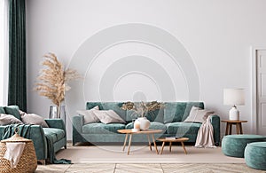 Home interior mock-up with green sofa, wooden table and trendy decoration in white bright living room