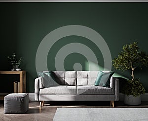Home interior mock-up with green wall and gray sofa, table and decor in living room, 3d render