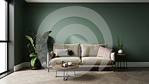 Home interior mock-up with green wall and gray sofa, table and decor in living room, 3d render